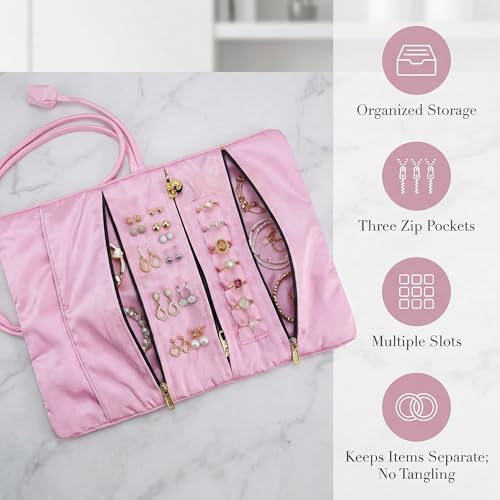 Travel Jewelry Bag Roll Embroidered Flower Bird Brocade Pink Organizer Pouch Case for Traveling Necklace Holder Rolls Tie Close Storage Accessories