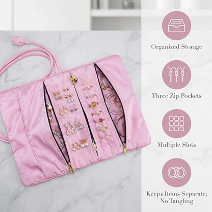 Travel Jewelry Bag Roll Embroidered Flower Bird Brocade Pink Organizer Pouch Case for Traveling Necklace Holder Rolls Tie Close Storage Accessories