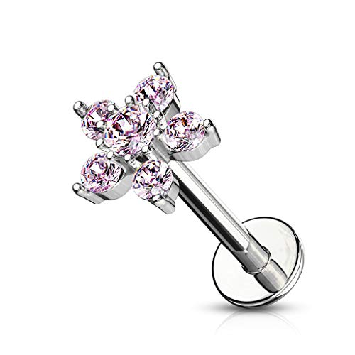 Forbidden Body Jewelry 16g 6-8mm Internally Threaded Surgical Steel Cartilage/Tragus/Labret/Monroe Stud w/Double Tier Floral Top - style: Pink/Clear