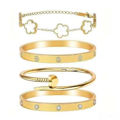 Stackable Gold Bracelets for Women - 4 Sets, 18K Gold Plated Bracelets, Stainless Steel Bangle Bracelets Non-Tarnish, Stylish Gold Jewelry Ensemble, Valentine's Day, Birthday and Christmas Jewelry Gifts - color: A6-(Gold 4Sets)