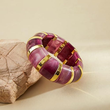 YBMYCM Acrylic Chunky Bangles Bracelets for Women Resin Gold-plated Stackable Stretch Bracelet Wide Wristbands Gift Jewelry - color: Purple