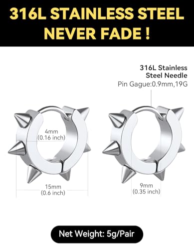 ChainsHouse Stud Earrings for Men Women,316L Stainless Steel/14K Gold/Black Plated Metal, Punk Hypoallergenic Surgical Huggie Hoop Earrings Mens Jewelry Piercing Hoop Earrings - style: D: Silver-Spike(1 Pair)