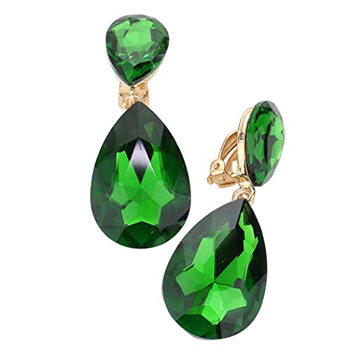 Rosemarie & Jubalee Women's Double Teardrop Statement Glass Crystal Rhinestone Dangle Clip On Bridal Earrings, 2" - color: Olive Green Crystal Gold Tone