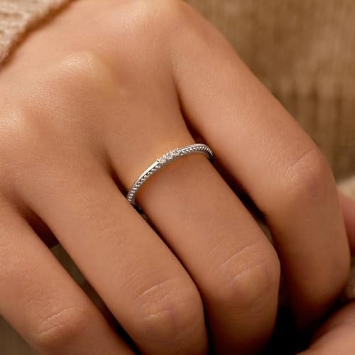 Dainty 14K Gold Plated Cubic Zirconia Rings Eternity Engagement Wedding Band Rings 925 Sterling Silver Stackable Rings for Women Aura Minimalist Knuckle Pinky Finger Ring Mothers Day Jewelry Gifts - color: Silver