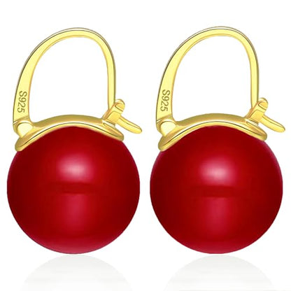 HUGE TOMATO 925 Sterling Silver Simulated Shell Pearl Earrings for Women Trendy, Big Pearl Drop Earrings Leverback Stud,18K Gold Plated Large Pearl Hoop Dangle Hypoallergenic Jewelry 14mm - color: Red