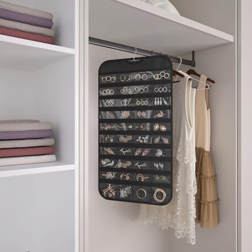 Hanging Jewelry Organizer, 80-Pocket Double-Sided Storage, 1-Pack, Black and Beige - color: Black and Beige