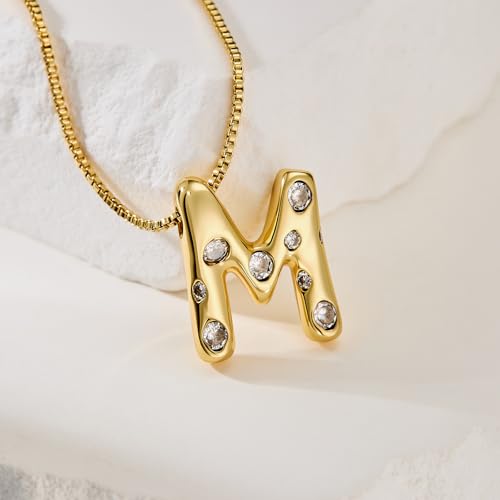 Cicy Bell Initial Necklace for Women 14k Gold Plated | Cubic Zirconia, Trendy, Personalized, Dainty Letter Pendant - color: M-Gold