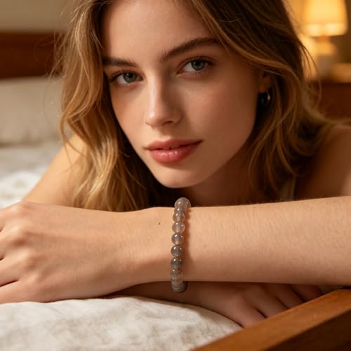 Agate Round Beaded Bracelet for Women Men Natural Agates Stone Healing Bracelets Stretch Elastic Handmade Polished Gemstone Beads Bracelet - color: Grey, size: 8mm Beads