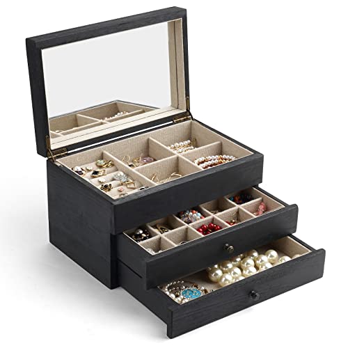 Meangood Jewelry Box Organizer for Women, 3 Layer Large Jewelry Storage Case, Rustic Wooden Jewelry Box with Mirror & Ring Tray for Necklace Earring Bracelets Rings, Vintage Style (Black) - color: 3 Layer Black, size: 3 Layer