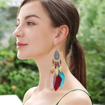 Dreuyet Boho Long Feather Drop Dangle Earrings for Women Retro Bohemian Ethnic Fringe Multicolor Tassel Feather Earring Handmade Statement Dream Catcher Earrings Jewelry - color: Color Teardrop
