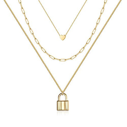 Turandoss Dainty Layered Choker Necklace, Handmade Y Pendant Necklace Multilayer Bar Disc Necklace Adjustable Layering Choker Necklaces for Women - style: 3PCS - Heart&Link Chain&Lock