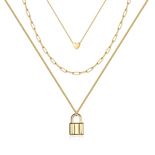 Turandoss Dainty Layered Choker Necklace, Handmade Y Pendant Necklace Multilayer Bar Disc Necklace Adjustable Layering Choker Necklaces for Women - style: 3PCS - Heart&Link Chain&Lock