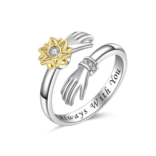 Granddaughter Daughter Hug Ring For Hope Rings, Stainless Steel Inspirational Jewelry Engraved Always With You Love You Forever Message Adjustable Non Tarnish Jewelry Birthday Gift Card - color: Always With You Sunflower