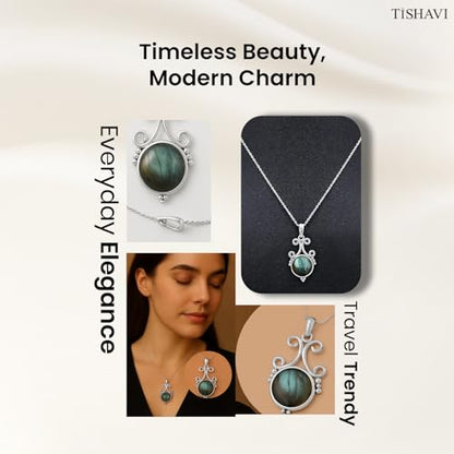 Natural Round Gemstone Pendant Necklace for Women, 925 Sterling Silver | Solitaire Birthstone Jewelry With 18 Inch Chain, Handmade Semi Precious Stone Pendant, Jewelry Gift for Mom, Wife & Sister - color: Labradorite