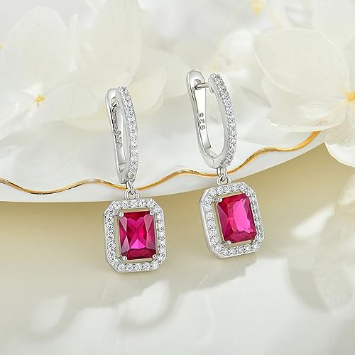 Women's Solitaire Dangle Drop Earrings 925 Sterling Silver Pure Square Huggie Earrings Hoop Dangle Drop Earrings Jewelry Gift - color: 07-ruby-Jul