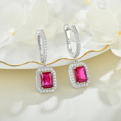 Women's Solitaire Dangle Drop Earrings 925 Sterling Silver Pure Square Huggie Earrings Hoop Dangle Drop Earrings Jewelry Gift - color: 07-ruby-Jul
