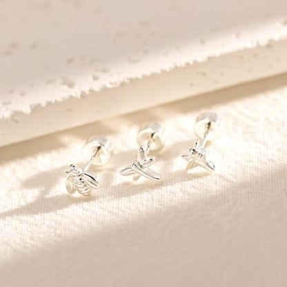 3 Pair Tiny Flat Back Earrings for Women - 14K Gold/White Gold Plated Dainty Cute Small Screw Flatback Stud Earring, Everyday Wear Gift - color: Hummingbird Bee Dragonfly Flat-5/6/6mm Silver