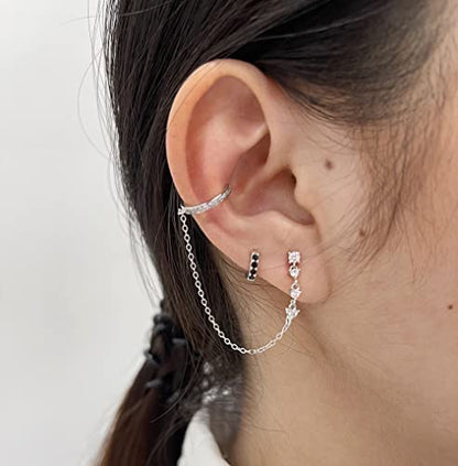 Crystal Ear Cuff Tassel Cartilage Stud Earring for Women Girls 925 Sterling Silver CZ Clip On Huggie Hoops Climber Crawler Long Chain Dangle Drop Hypoallergenic Earrings Fashion 1 Pcs Jewelry Gifts Birthday - color: Silver