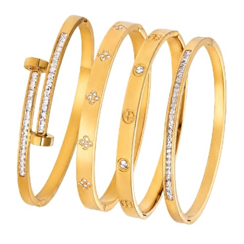 Gold Bangles for Women, 4 Pcs 18K Gold Plated Stainless Steel Stackable Bangle Bracelets, Non Tarnish CZ Bangles Set, Trendy Jewelry Gifts for Women - color: Gold-2