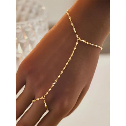 3PCS 14K Gold-Plated Hand Chain Bracelets for Women, Stack Bracelets Set Adjustable, Trendy Dainty Ring Bracelet Hand Chain - color: gold-3-Lip chain