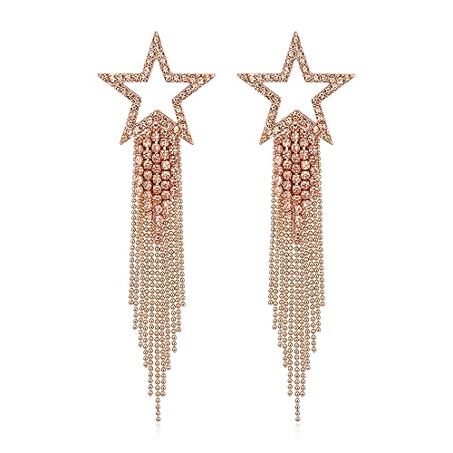 EVER FAITH Crystal Long Waterfall Star Tassel Clip-on Earrings for Women | Rhinestone Beaded Fringe Chandelier Dangle Statement Earring, Wedding Party Jewelry - color: Peach Rose Gold-Tone