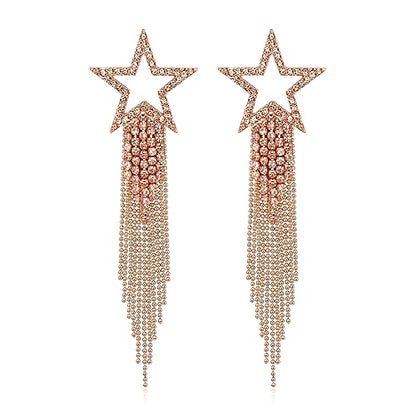 EVER FAITH Crystal Long Waterfall Star Tassel Clip-on Earrings for Women | Rhinestone Beaded Fringe Chandelier Dangle Statement Earring, Wedding Party Jewelry - color: Peach Rose Gold-Tone