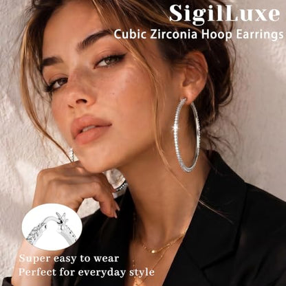 2MM S925 Sterling Silver Post Cubic Zirconia Hoop Earrings Hypoallergenic | 14K Gold Plated - color: Silver-70MM