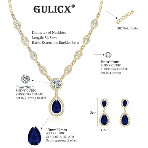 GULICX AAA Cubic Zirconia CZ Silver Plated Base Women's Party Jewelry Set Earrings Pendant Necklace - color: Blue CZ-gold plated