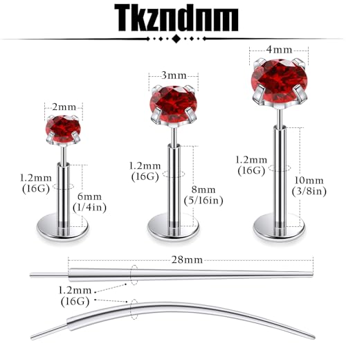F136 Titanium 20/18/16G Earrings Nose Lip Rings Medusa Tragus Cartilage Helix Labret Flat Back Threadless Implant Grade Stud Piercing Jewelry for Women - color: Red CZ, size: 16g*6/8/10mm*2/3/4mm