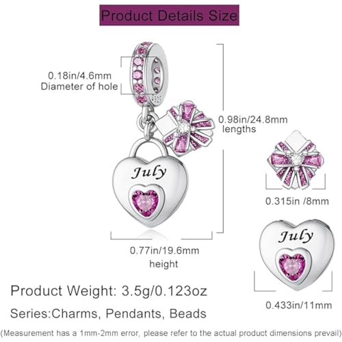 Love Heart Birthstone Dangle Charms Compatible with Pandora Bracelets | 925 Sterling Silver 5A Cubic Zirconia Mother's Day Christmas Birthday Birthstone Gifts Bead Charm Pendants Women Jewelry - color: July Dangle Birthstone Charms