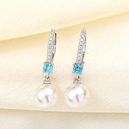 JO WISDOM 925 Sterling Silver Freshwater Pearl Hoop Earrings with Dangle Real Pearl,Simulated Pearls - color: B-8mm white pearl,aquamarine color