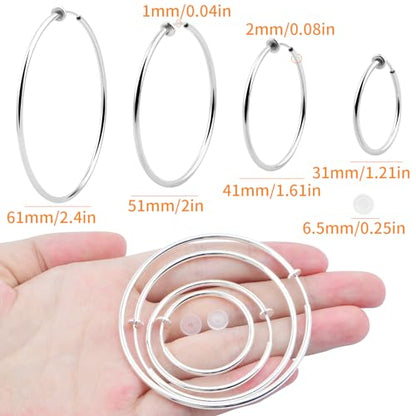 4 Pairs Clip On Hoop Earrings Brass Circle Fake Hoop Spring Earring Clips and 4 Pairs Anti-Pain Earring Pads for Women Non-Pierced Ears, 4 Sizes - color: Silver