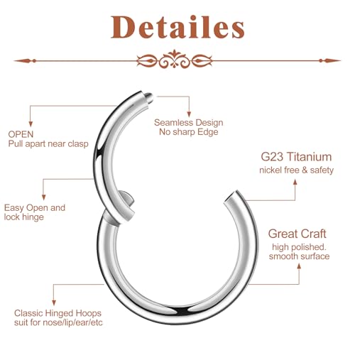 4Pcs Titanium Nose Rings Hoops for Women Men, 18G Gold/Silver Nose Hoops | Hinged Clicker Septum Rings Tragus Conch Helix Daith Lip Body Piercing Jewelry - color: Silver
