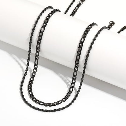 Layered Stainless Steel Chain Necklaces for Men Boys, 2Pcs Cuban Link/Rope/Herringbone Chains Jewelry Gifts, 16 "/18 ", 18 "/20 ", 20 "/22 ", 22 "/24 " - color: Black, size: 22IN/24IN, style: Figaro/ Rope Chain Set