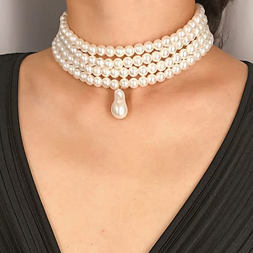 Jovono Pearl Choker Necklace Chunky Faux Pearl Collar Necklaces Boho Layered Statement Necklace Jewelry for Women