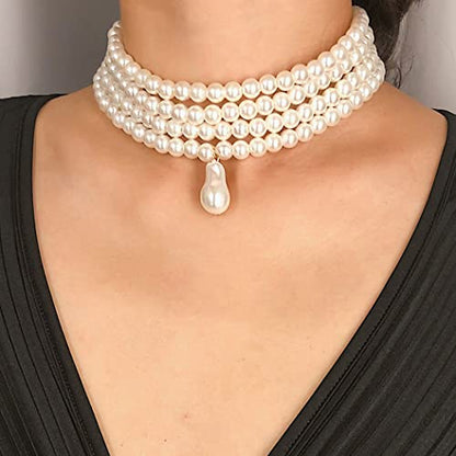 Jovono Pearl Choker Necklace Chunky Faux Pearl Collar Necklaces Boho Layered Statement Necklace Jewelry for Women