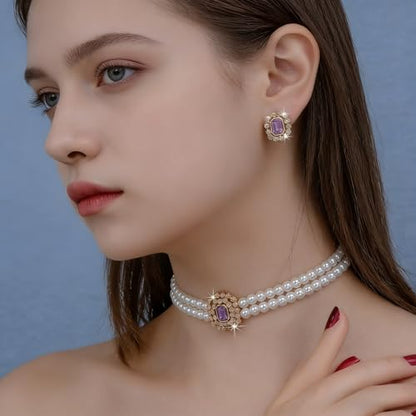 Classic Double Strand Faux Pearl Choker Necklace and Earrings Set with Crystal Accent, Elegant Jewelry for Special Occasions and Everyday Wear - color: purple