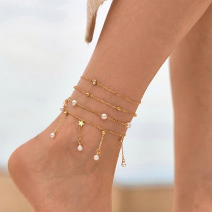 LOFITOR Anklets for Women Ankle Bracelet Charm Link Chain Set Foot | Waterproof Dainty Cz Evil Eye Beaded Anklets Adjustable Beach Foot Jewelry Feet Chains, Summer Beach Foot Jewelry Gifts - style: Pearl Silver