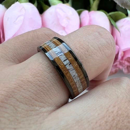 TUTISS 8mm Silver Black Tungsten Rings for Men Women Wedding Bands Whisky Barrel Wood Deer Antler Inlay Flat Polished Shiny Comfort Fit - color: 8mm Black Tungsten