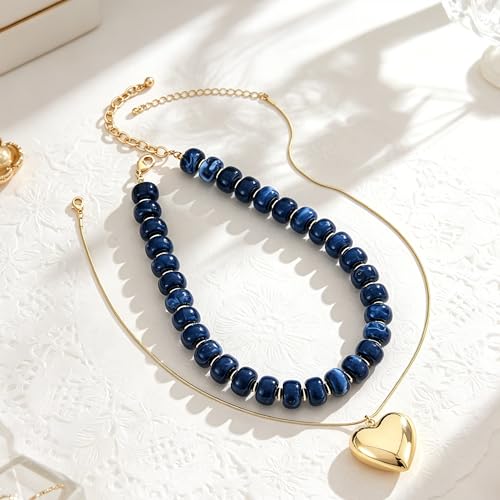 YUJIE Chunky Heart Pendant Necklace for Women- Exaggerated Statement Puff Heart Necklace with Acrylic Beaded Chain - color: B-NAVY BLUE