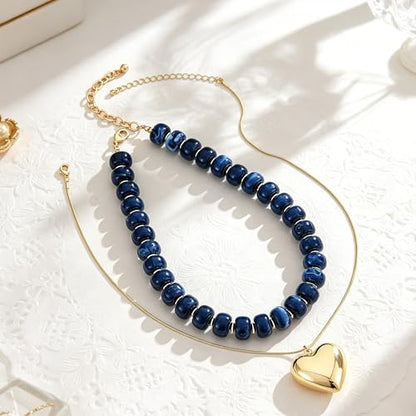YUJIE Chunky Heart Pendant Necklace for Women- Exaggerated Statement Puff Heart Necklace with Acrylic Beaded Chain - color: B-NAVY BLUE