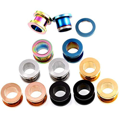 12-Piece Ear Tunnels, Screw-On 316L Stainless Steel, 12G-22mm | Polished surgical steel tunnels with secure screw-on double flares, colorful body piercing jewelry for women and men - style: 1/2" = 12mm