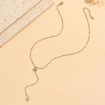 Dainty Y-Shaped Lariat CZ Drop Charm Pendant Necklaces for Women - color: Round-CZ-GD