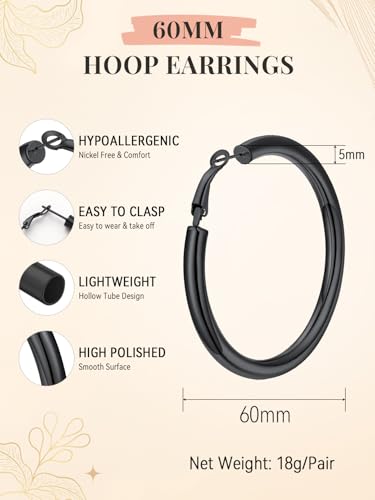 FaithHeart Silver/Black/Gold Stainless Steel Chunky Hoop Earrings for Women | Hypoallergenic Lightweight Hoop Earrings, Trendy Statement Thick Hoop, 20/30/40/50/60/70/80mm - color: Black, size: 60mm