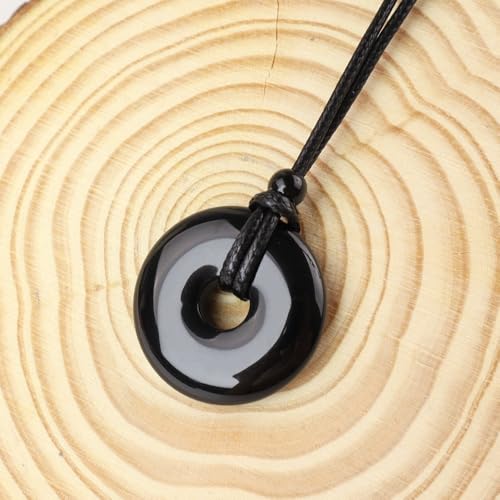 Anjiucc Natural Gemstone Pendant Necklce Lucky Coin Crystal Necklace Donut Pendnat with Adjustable Rope Healing Crystal for Men - color: Black obsidian