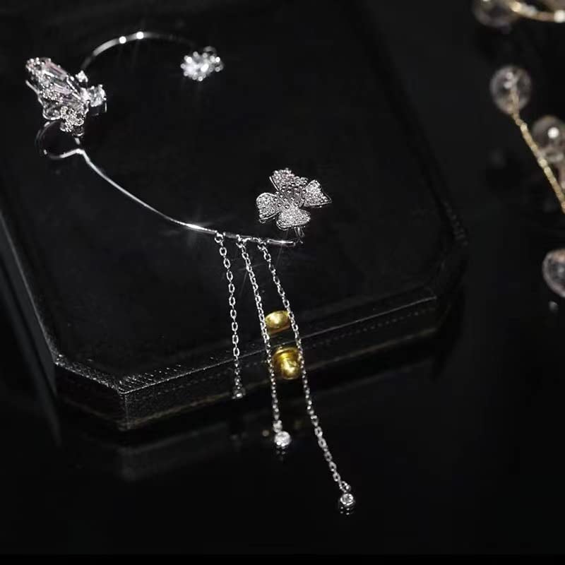 2 Pairs Dainty Silver Butterfly Ear Cuffs & Wraps for Women Non Piercing Bling Butterfly Tassel Style Zircon Earrings Ear Clips Bridal Wedding Jewelry - color: Silver-D