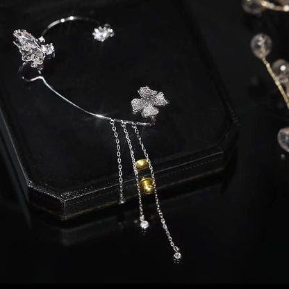 2 Pairs Dainty Silver Butterfly Ear Cuffs & Wraps for Women Non Piercing Bling Butterfly Tassel Style Zircon Earrings Ear Clips Bridal Wedding Jewelry - color: Silver-D
