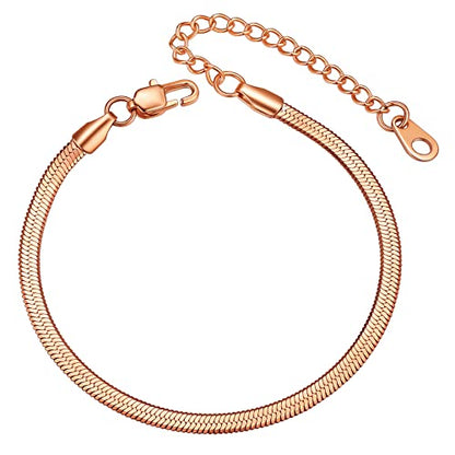 ChainsHouse Stainless Steel Herringbone Flat Chain Bracelets for Women,18K Gold/Rose Gold/Black Metal Paperclip/Snake/Cuban/Figaro Sterling Silver Link Charm Bracelet, 16+5cm Adjustable, With Gift Box - color: h. herringbone-rose gold-3mm