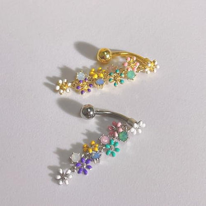 Colorful Daisy Flower Belly Button Ring 316L Surgical Stainless Steel CZ Cute Enamel Flowers Dangle Navel Belly Rings Dainty Body Piercing Jewelry Gifts for Women 14G - color: Silver