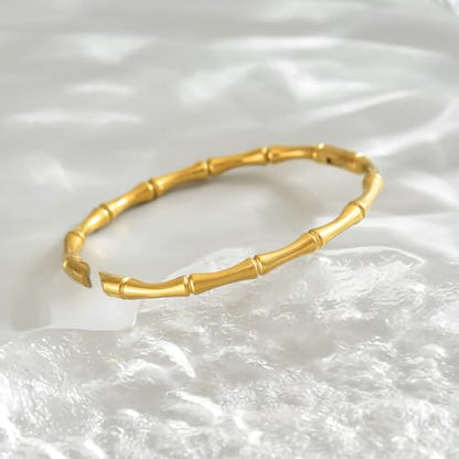 Gold Bangle for Women 18K Gold Plated Bamboo Heart Star Labyrinth Bangle Bracelets Dainty Stainless Steel Jewelry Gifts - color: Bamboo Bangle-Gold